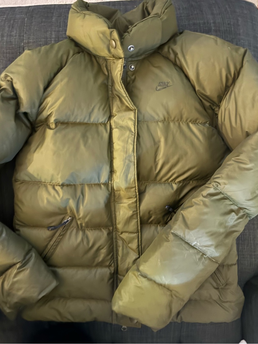 Olive Green Nike Sportswear Down Puffer Jacket. Size Sm (4-6) High Collar